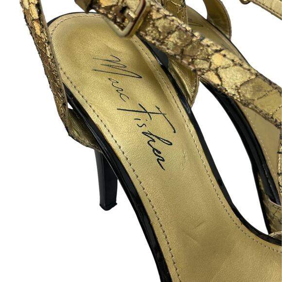 Marc Fisher Sandal SZ 8.5 Women Gold Belia Ankle Strap Stiletto Heel Snakeskin - Picture 15 of 15